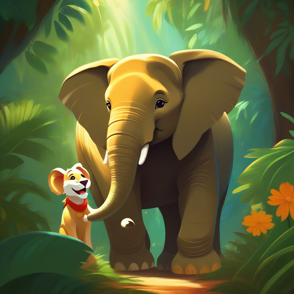 A kind-hearted elephant radiating warmth and kindness and A fierce lion that becomes gentle and friendly exploring the jungle and laughing together