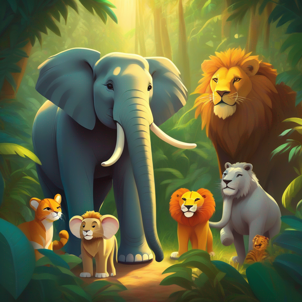 Animals in the jungle gathering around A kind-hearted elephant radiating warmth and kindness and A fierce lion that becomes gentle and friendly