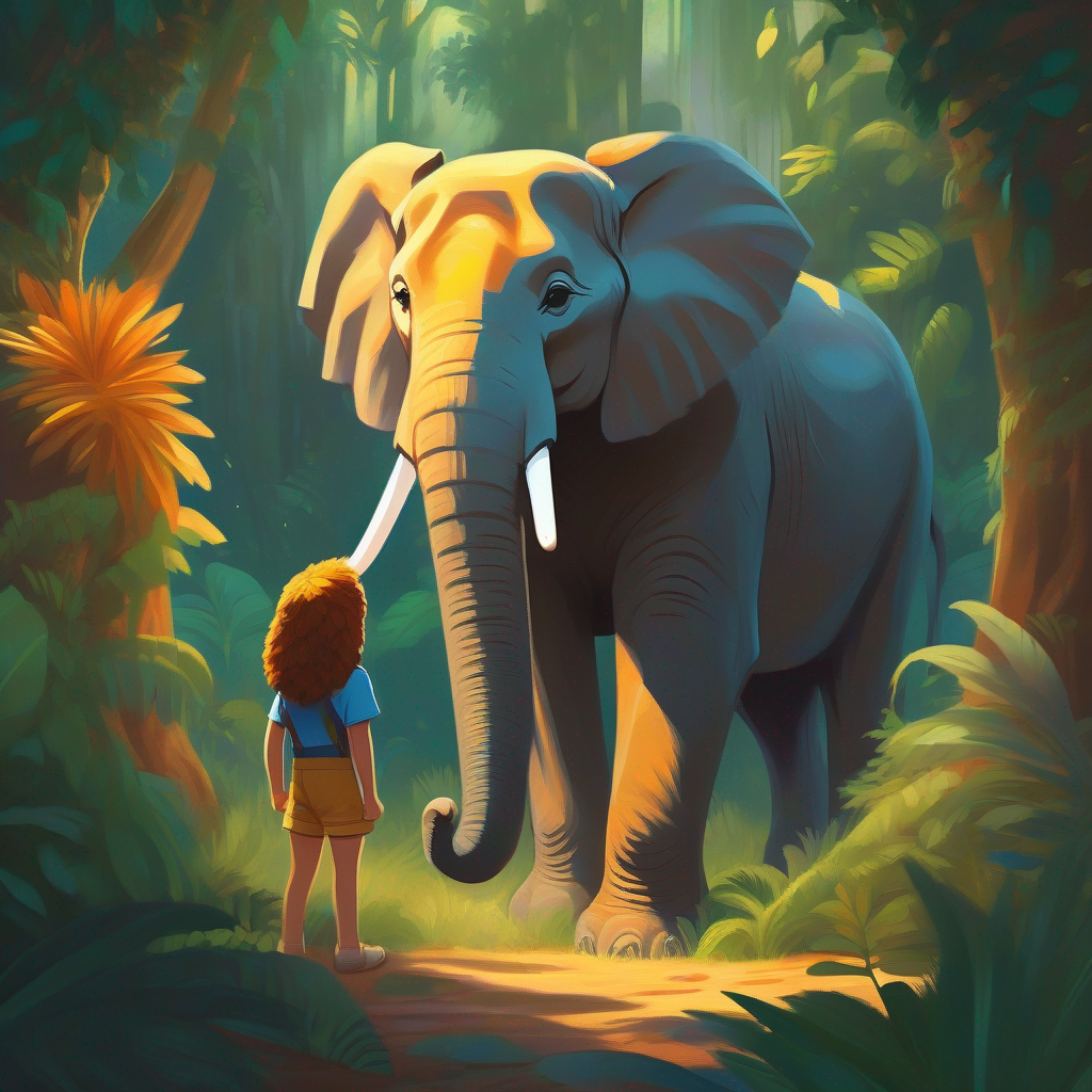 A kind-hearted elephant radiating warmth and kindness and A fierce lion that becomes gentle and friendly side by side, looking out for the jungle