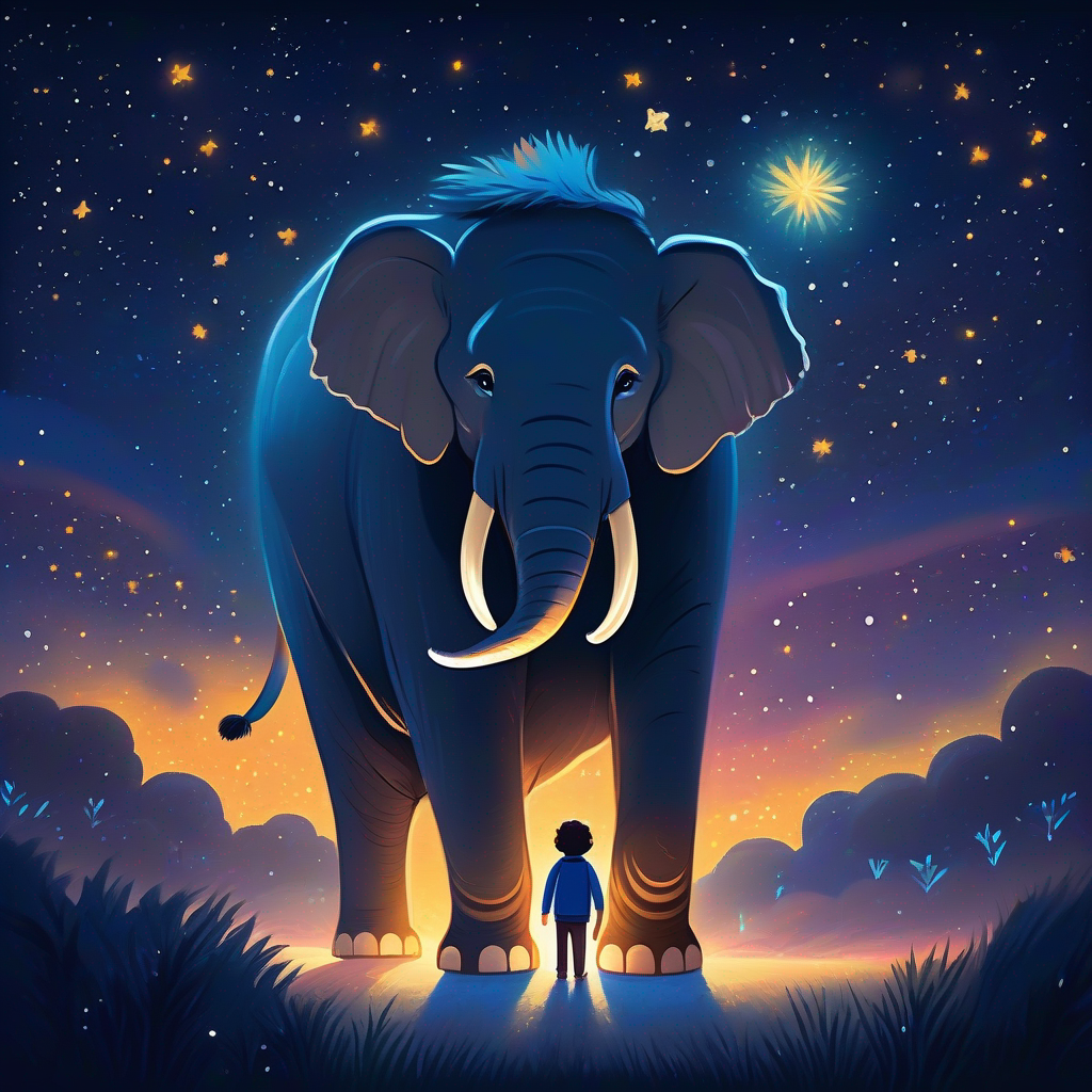 A kind-hearted elephant radiating warmth and kindness and A fierce lion that becomes gentle and friendly saying goodbye under a starry night sky