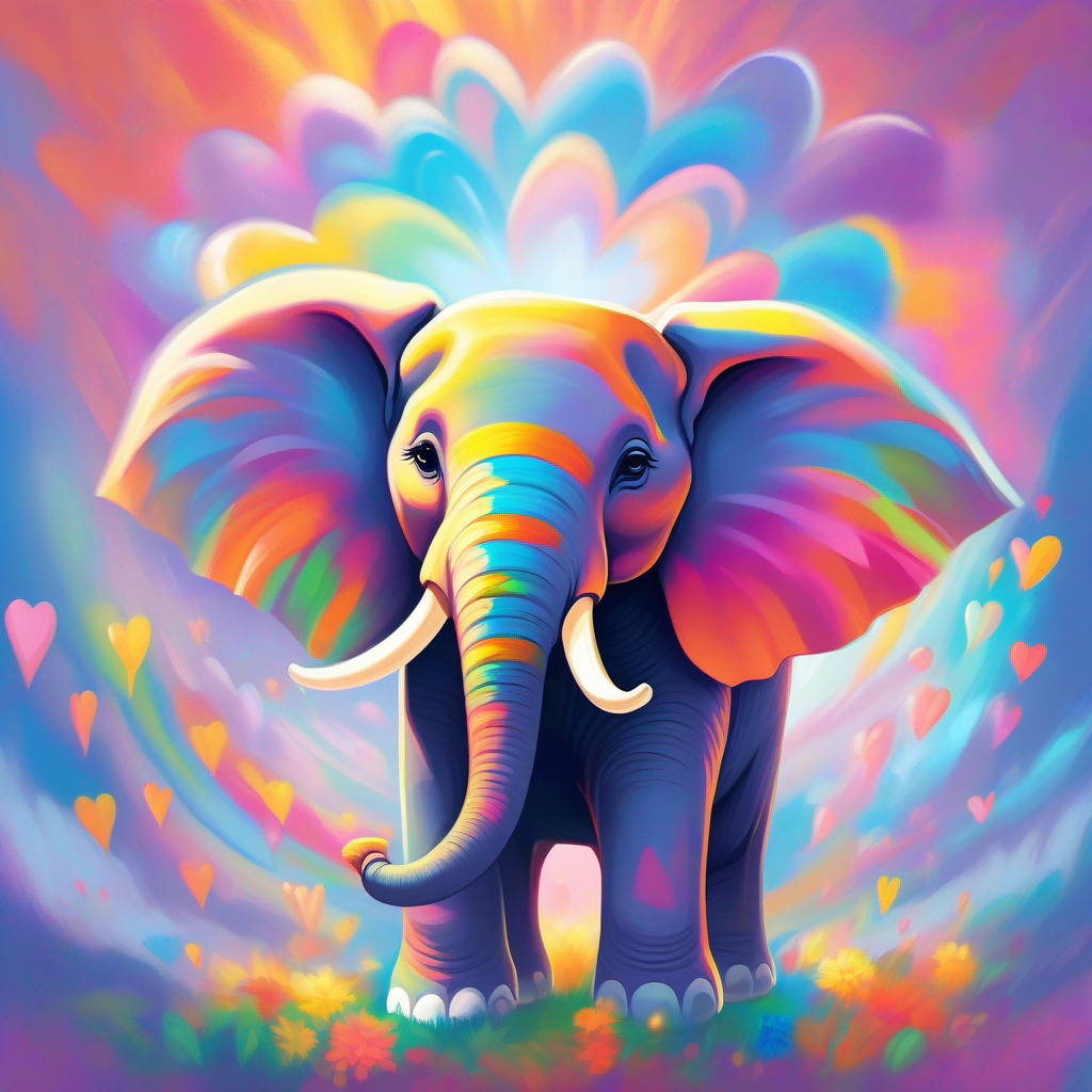 A kind-hearted elephant radiating warmth and kindness surrounded by a colorful aura, spreading love and kindness