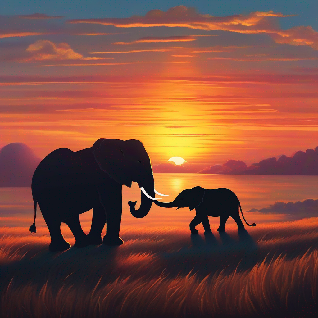 A kind-hearted elephant radiating warmth and kindness and A fierce lion that becomes gentle and friendly's silhouettes embracing against a beautiful sunset