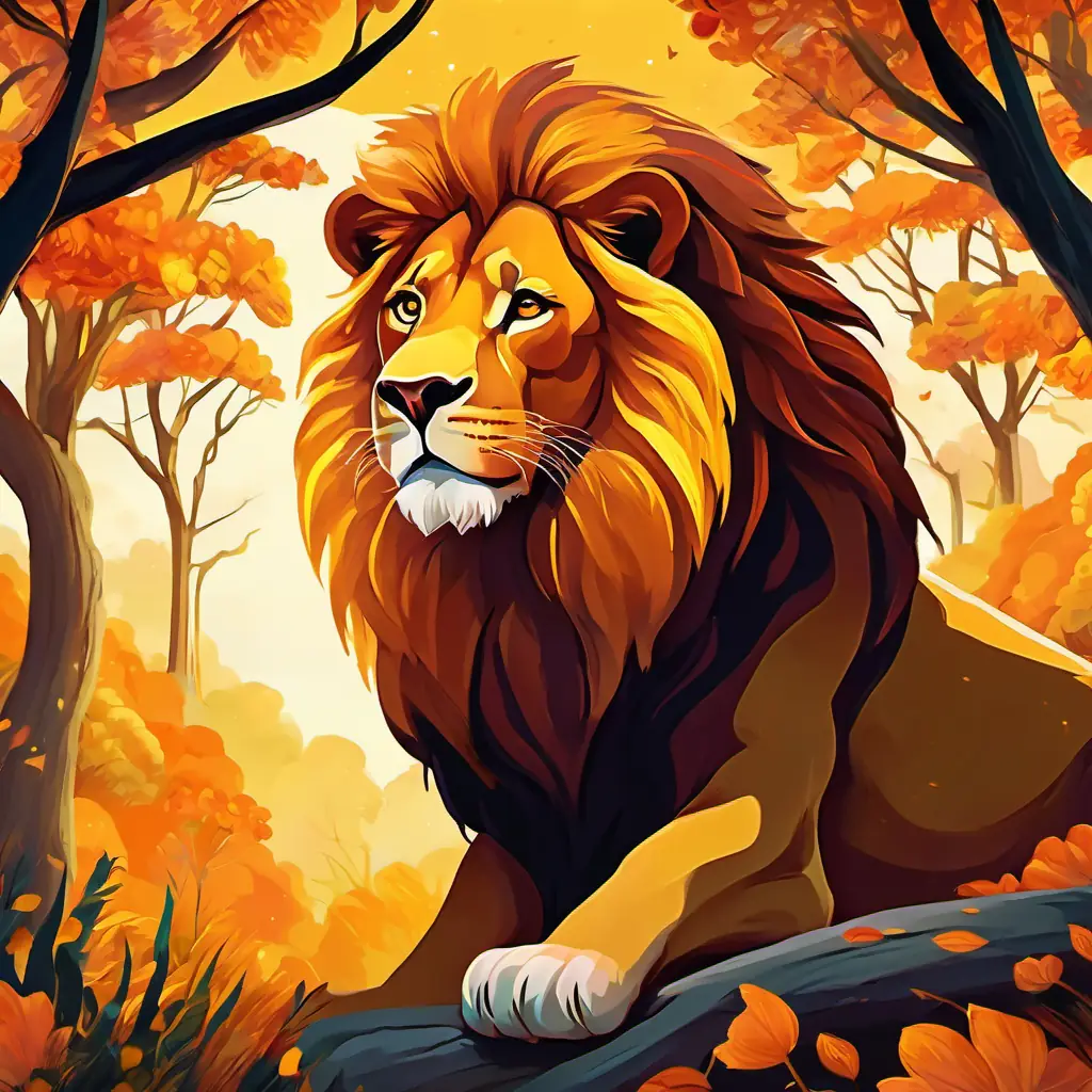 The story begins in a lush forest, with tall trees and colorful flowers. In the center stands Majestic lion with golden mane and amber eyes, emanating strength and gentleness, the lion, with his golden mane and amber eyes, exuding regal beauty.