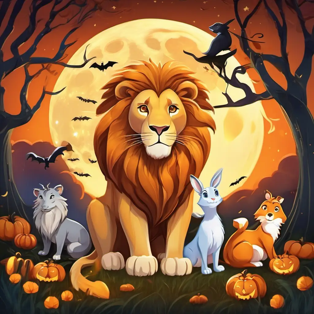 Majestic lion with golden mane and amber eyes, emanating strength and gentleness sits near a group of adorable animals - a rabbit, a squirrel, and a deer - listening attentively to their worries. The moon shines bright, casting a beautiful glow on the characters.