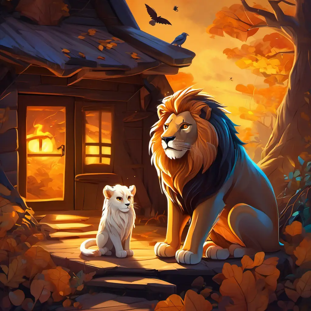 Majestic lion with golden mane and amber eyes, emanating strength and gentleness cautiously explores a mysterious cabin, with his boldness contrasting against the eerie ambiance. In a corner, he finds a cute baby owl, huddled and trembling.