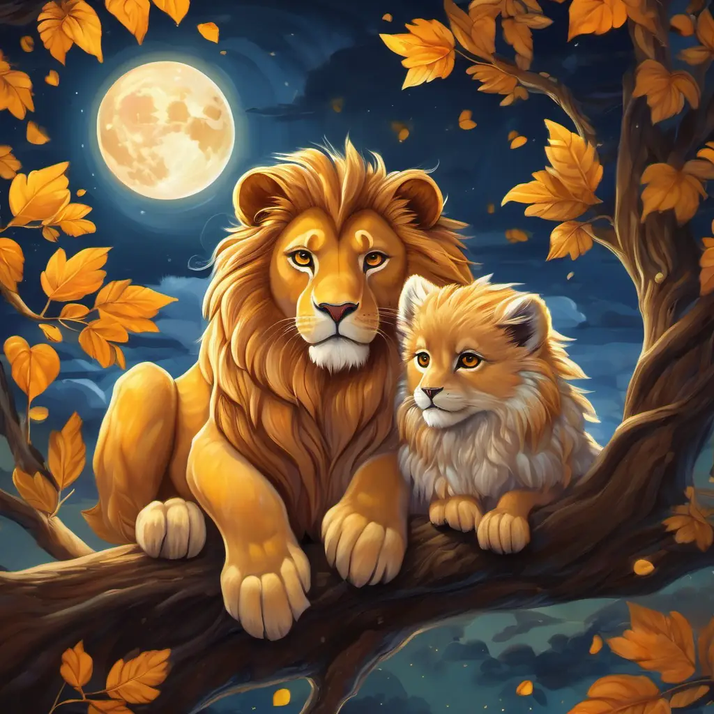 A heartwarming scene unfolds as Majestic lion with golden mane and amber eyes, emanating strength and gentleness cradles the baby owl in his strong paws, showering it with love and reassurance. The moonlight illuminates their path, leading them back to the owl family perched on a tree branch.