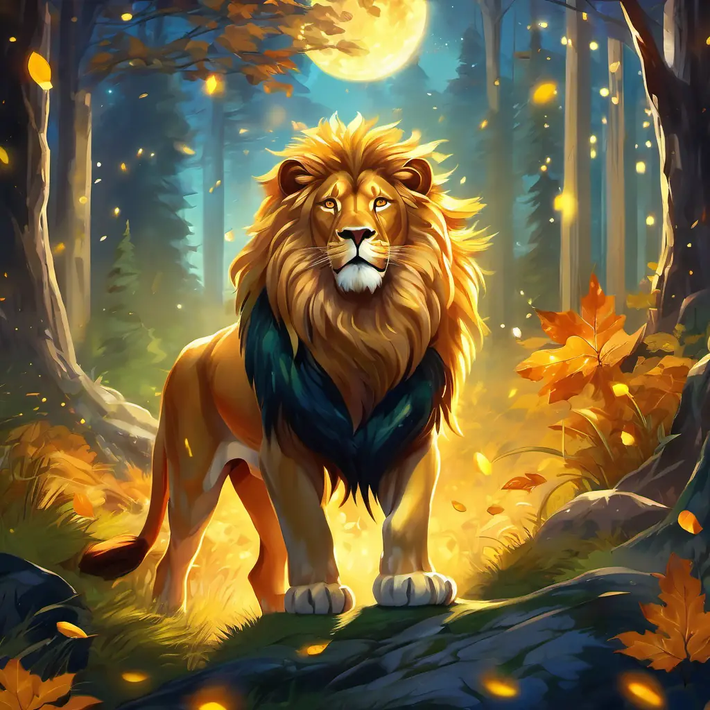 The forest comes alive with excitement as Majestic lion with golden mane and amber eyes, emanating strength and gentleness walks proudly among his animal friends. The sky is adorned with a radiant display of stars, symbolizing the newfound trust and admiration the forest animals have for Majestic lion with golden mane and amber eyes, emanating strength and gentleness.