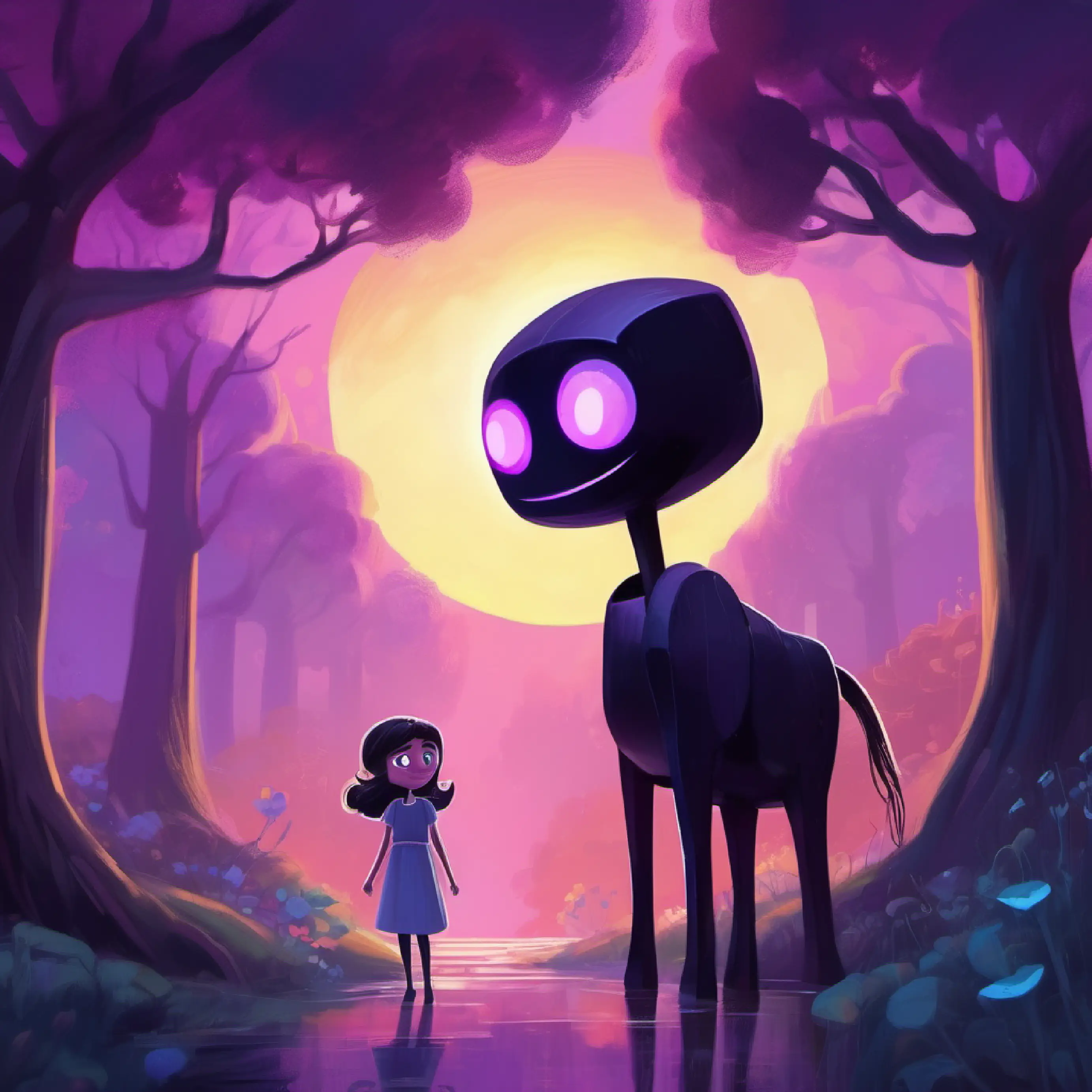 Small, friendly Enderman with big, purple eyes meets Kind girl with a bright smile and curious nature in the human world, who wants to help him.