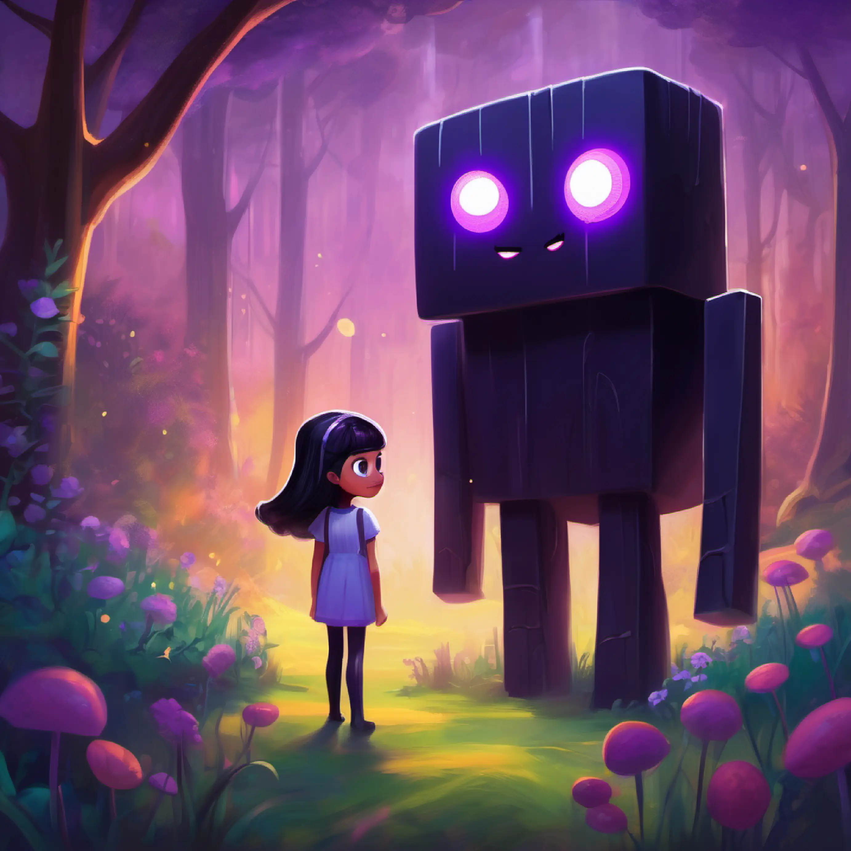 Small, friendly Enderman with big, purple eyes and Kind girl with a bright smile and curious nature's fun adventures and Small, friendly Enderman with big, purple eyes learning to play.