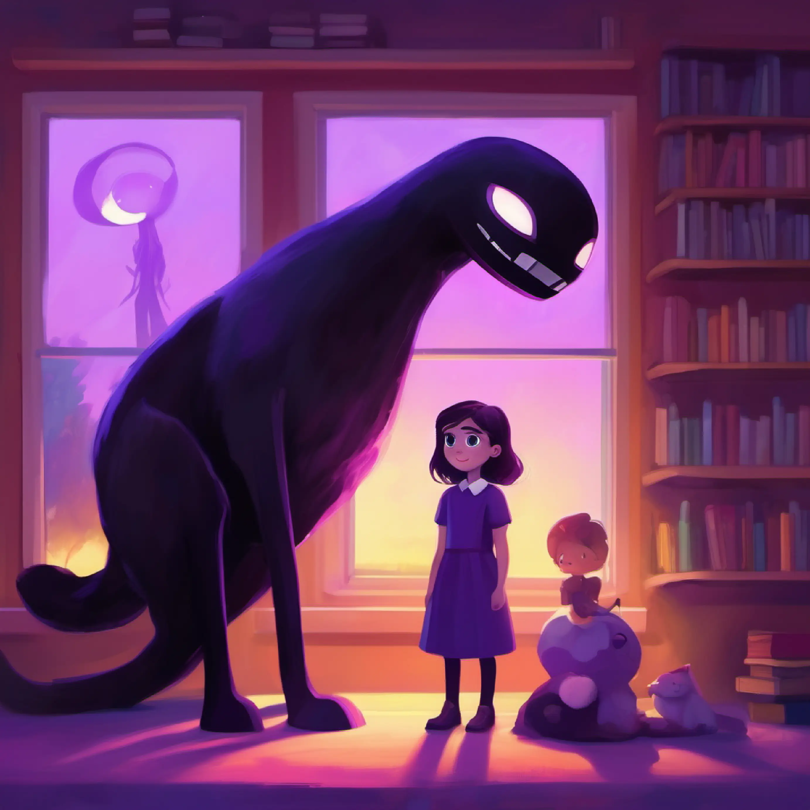 Storytime with Small, friendly Enderman with big, purple eyes and Kind girl with a bright smile and curious nature; Small, friendly Enderman with big, purple eyes yearns for home.