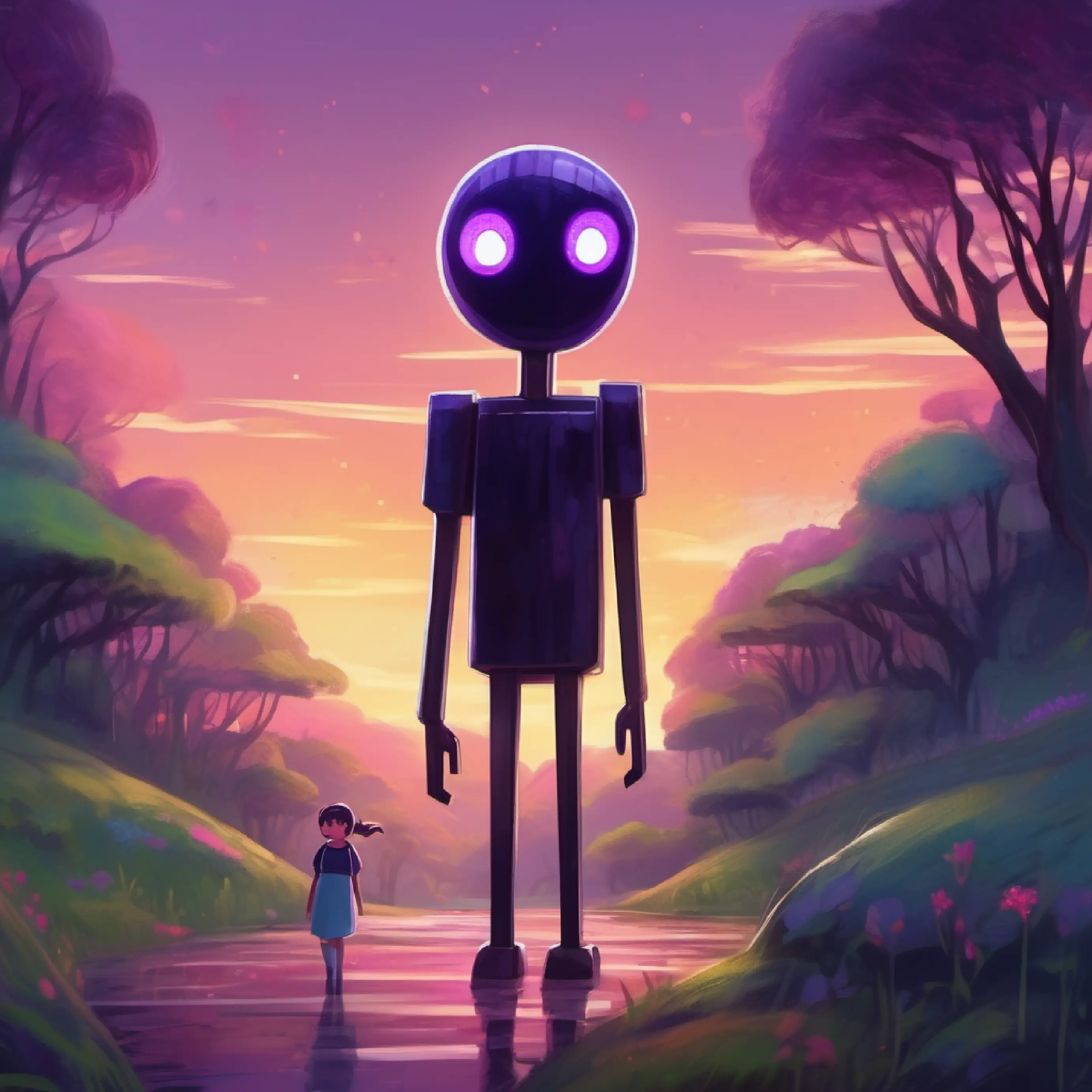 Small, friendly Enderman with big, purple eyes spots a way home; an emotional goodbye with Kind girl with a bright smile and curious nature.