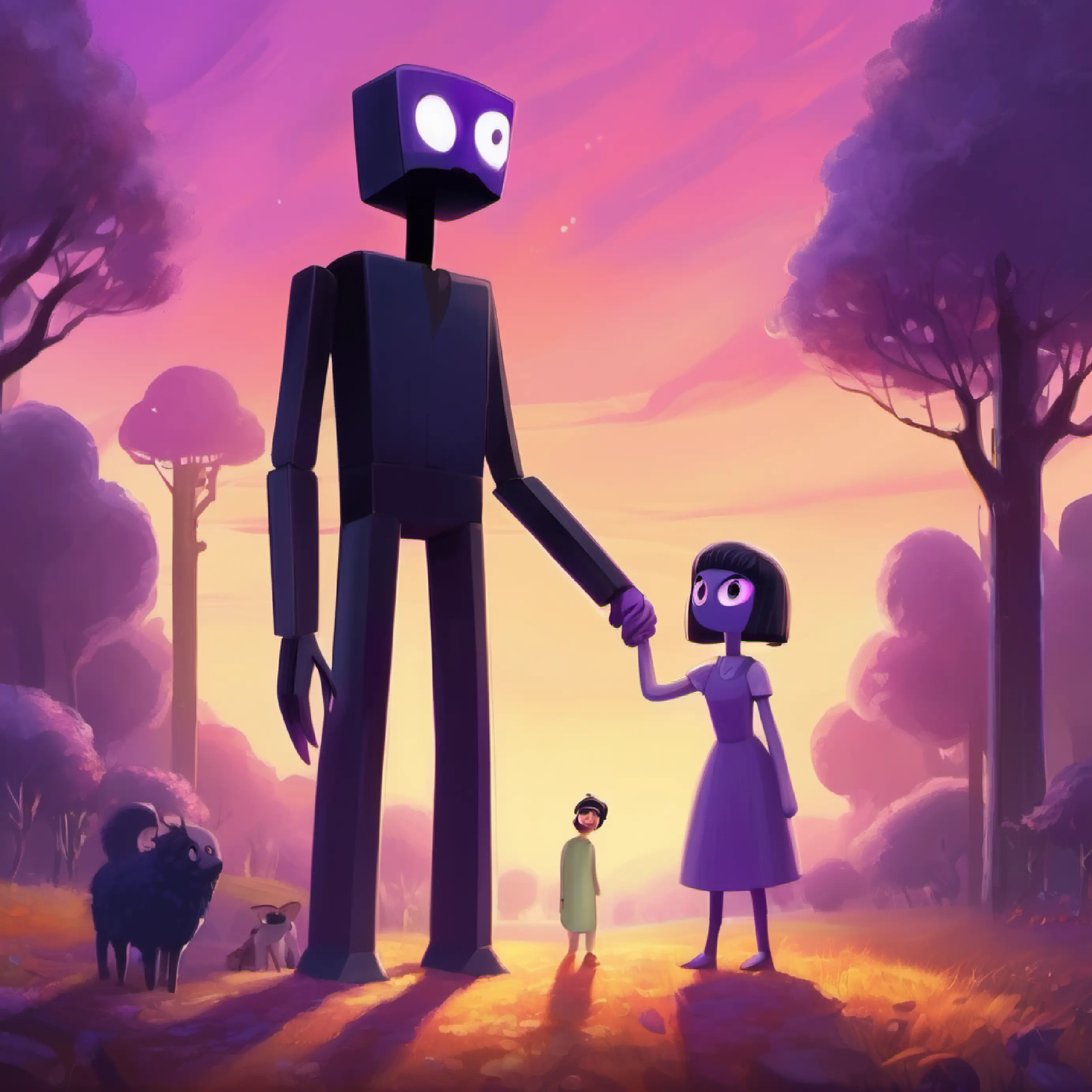 Small, friendly Enderman with big, purple eyes returns home and reunites with his family.