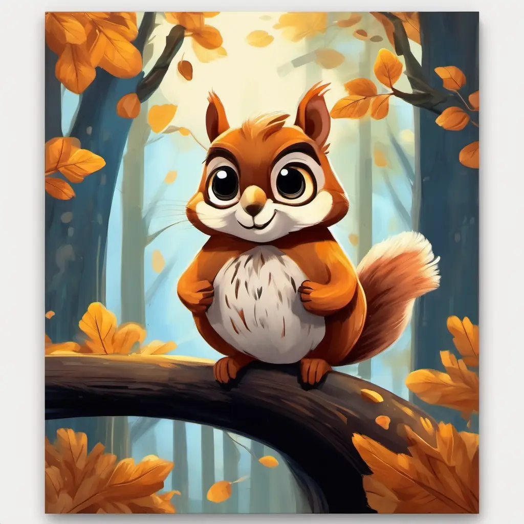 a small squirrel with fluffy fur and bright black eyes the squirrel looking up at an old owl with big round amber eyes and soft feathers the owl with curiosity and trees surrounding them