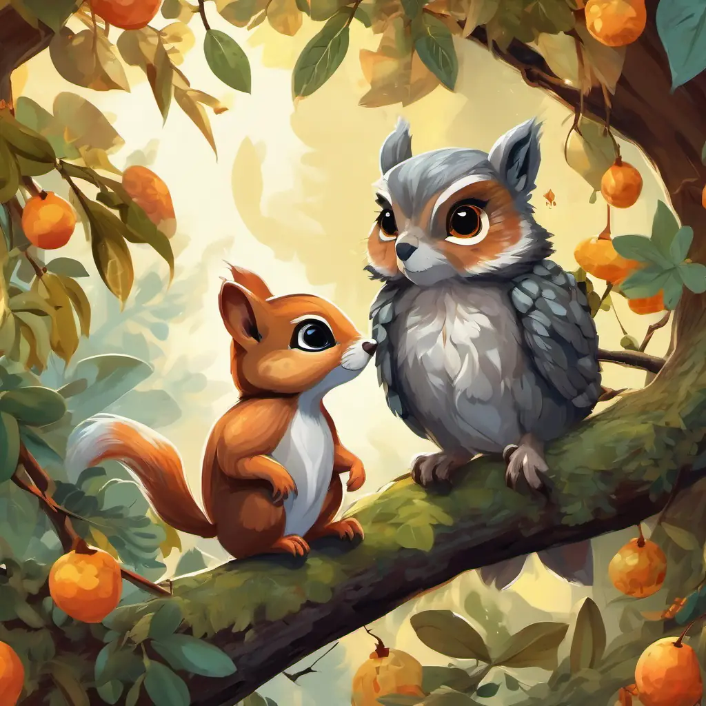 a small squirrel with fluffy fur and bright black eyes and an old owl with big round amber eyes and soft feathers sitting together on a branch, sharing their wisdom, surrounded by birds and plants
