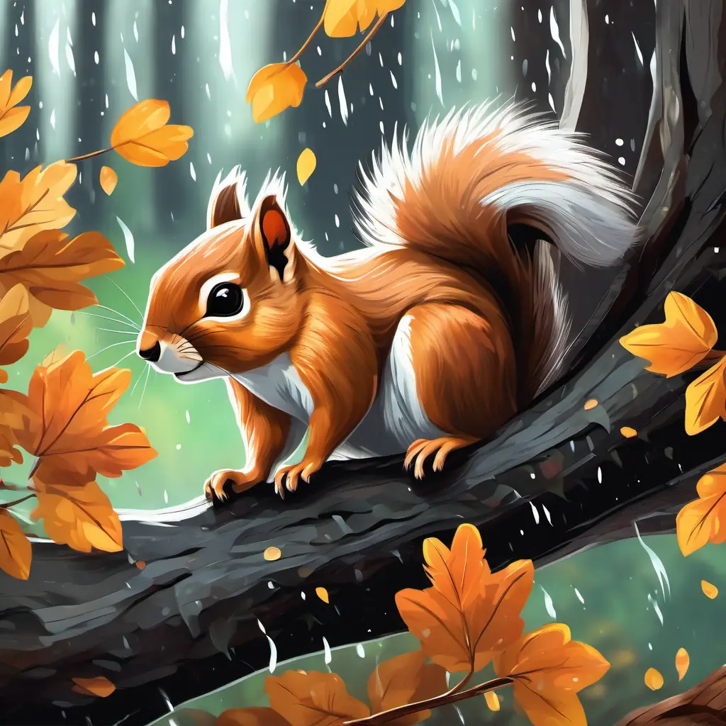 a small squirrel with fluffy fur and bright black eyes hiding inside a hollow tree, with branches swaying in the wind and rain pouring down