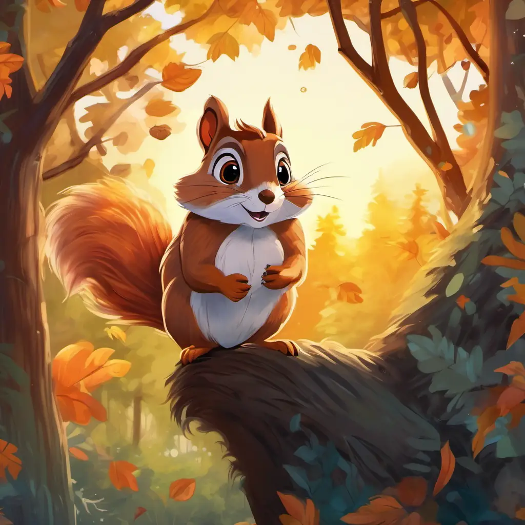 a small squirrel with fluffy fur and bright black eyes excitedly talking to an old owl with big round amber eyes and soft feathers with joy and a sunrise peeking through the trees