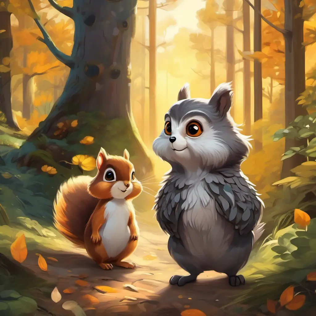a small squirrel with fluffy fur and bright black eyes and an old owl with big round amber eyes and soft feathers walking side by side, surrounded by animals and a harmonious forest