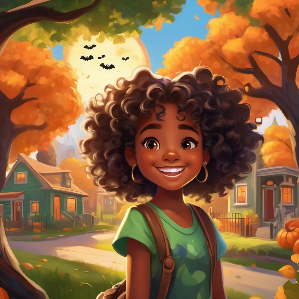 A sunny day in Sunnyville, with Confident African American girl with curly hair, big smile, and glowing green eyes smiling and playing outside.
