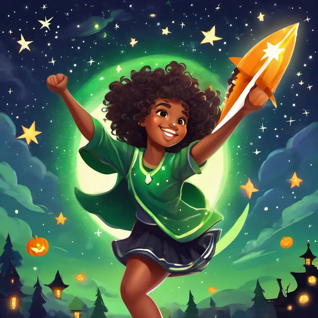 Confident African American girl with curly hair, big smile, and glowing green eyes practicing cheerleading under a starry sky, with a shooting star landing in front of her.