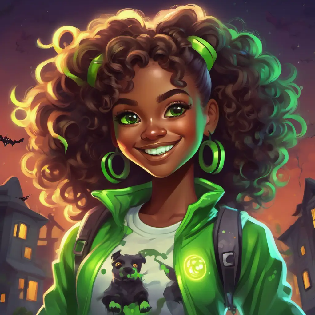 Confident African American girl with curly hair, big smile, and glowing green eyes transforming into a zombie cheerleader, with pale skin and glowing green eyes.