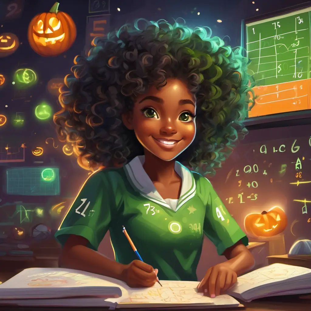 Confident African American girl with curly hair, big smile, and glowing green eyes solving a math problem while cheerleading, with numbers and equations floating around her.