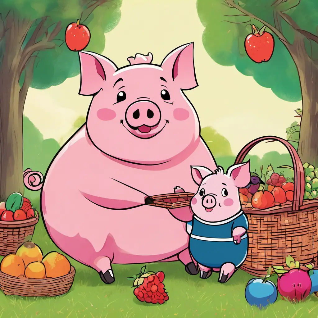 A plump pig with a round belly, pink skin, and small black eyes, a plump pig with a round belly, is sitting on a grassy field with a picnic basket full of colorful fruits.