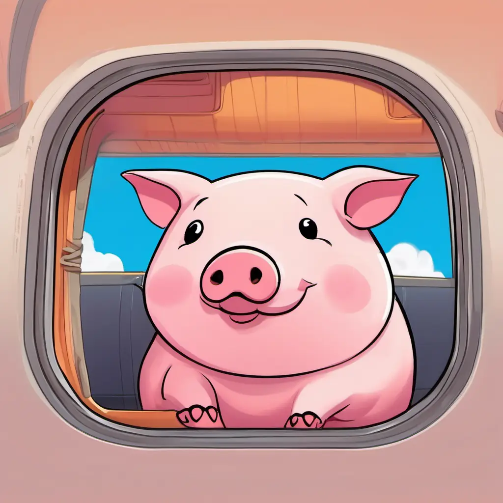 A plump pig with a round belly, pink skin, and small black eyes is sitting inside an airplane, looking out of the window with excitement.