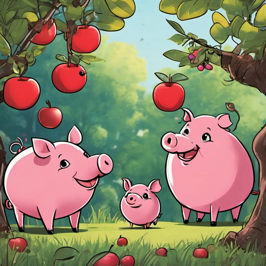 A plump pig with a round belly, pink skin, and small black eyes is standing next to A tiny ant with six legs, a shiny black exoskeleton, and two big eyes, a tiny ant, near an apple tree. They both have big smiles on their faces while pointing at a shiny red apple.