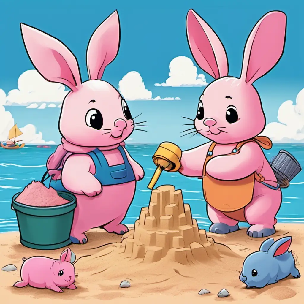 A plump pig with a round belly, pink skin, and small black eyes is building a sandcastle with A fluffy bunny with long ears, pink skin, and bright blue eyes, a fluffy bunny, at a sandy beach. They both have buckets and spades in their hands.