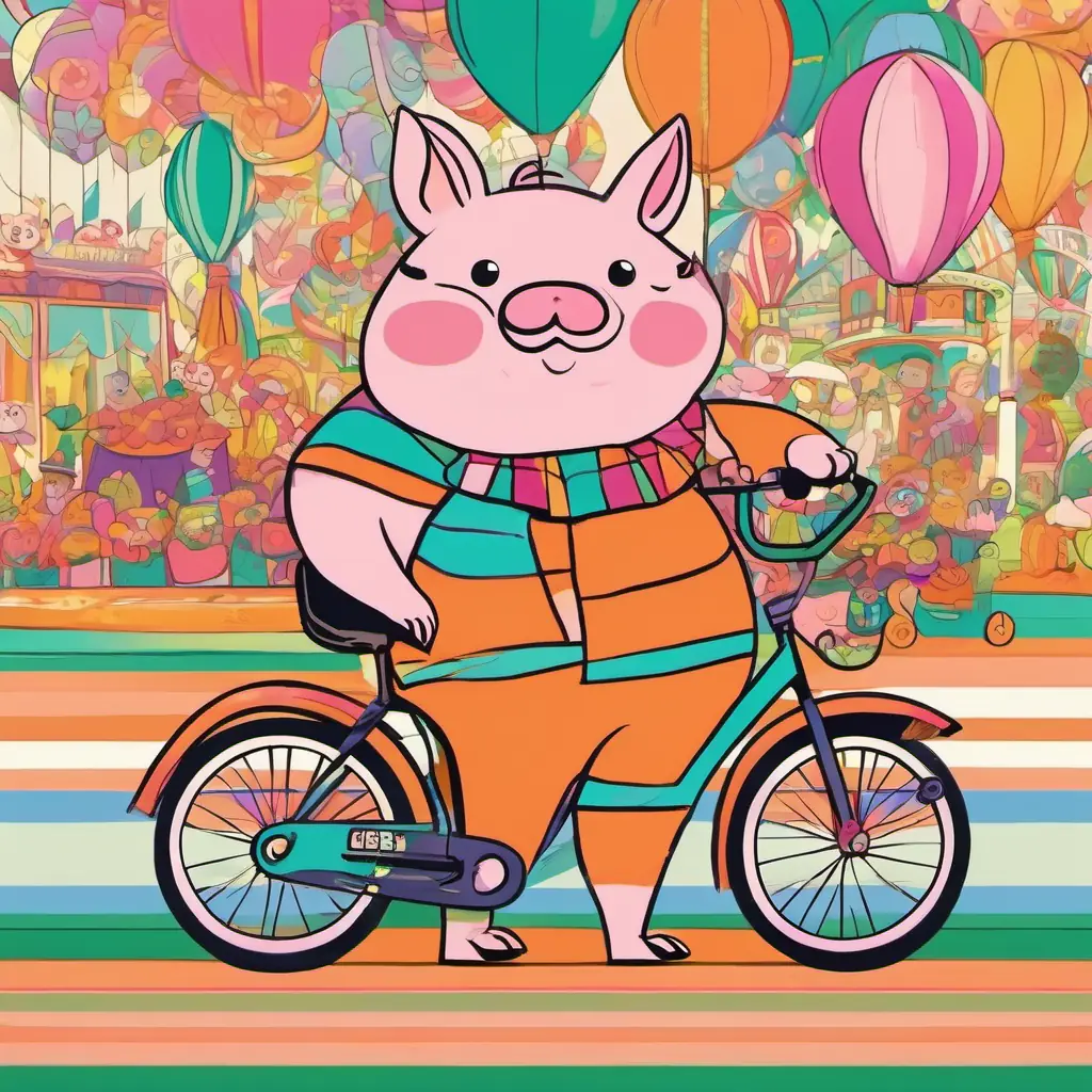 A plump pig with a round belly, pink skin, and small black eyes is riding a colorful bicycle with A clever cat with soft fur, orange stripes, and green eyes, a smart cat, at a vibrant carnival. They are trying to throw rings onto bottles to win a prize.