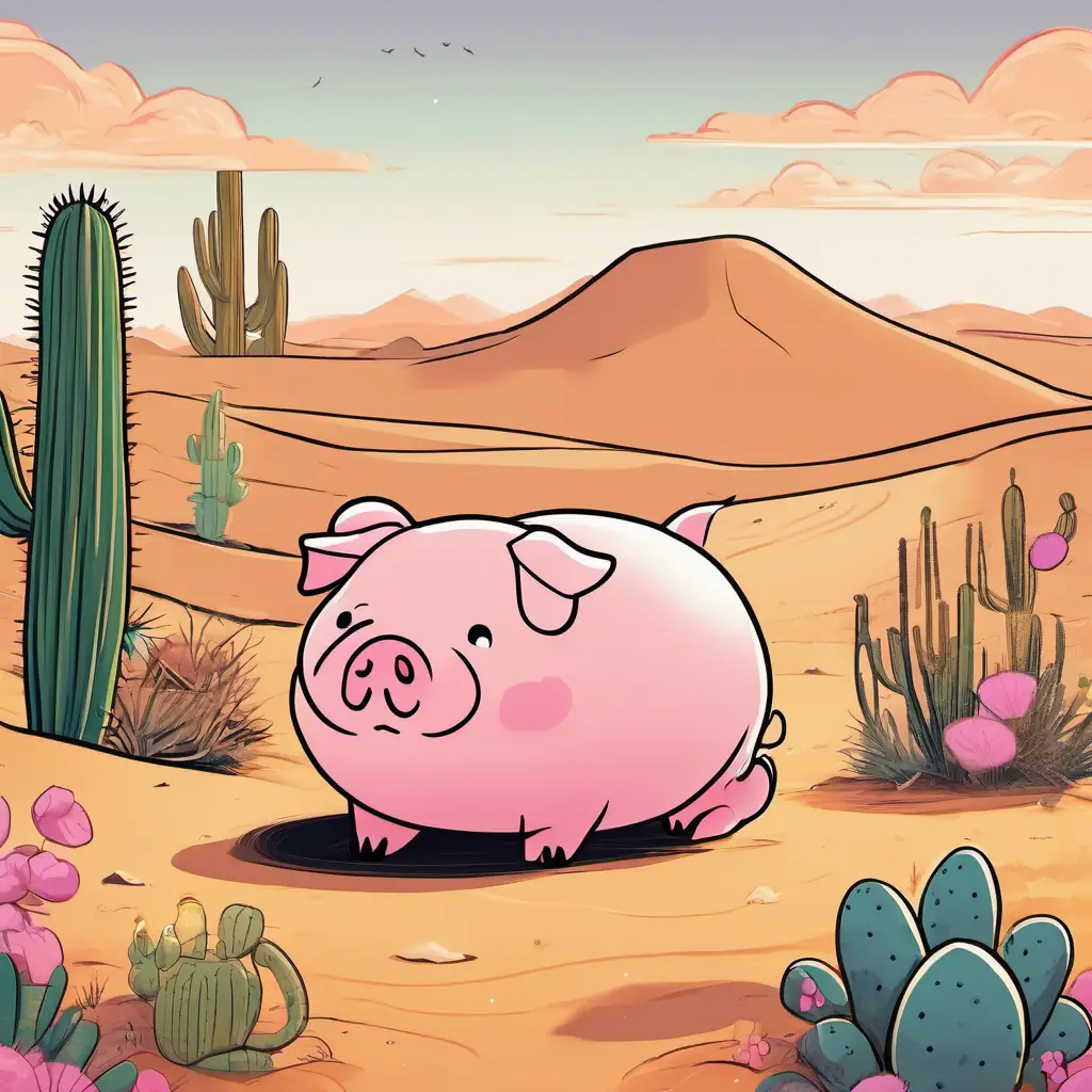 A plump pig with a round belly, pink skin, and small black eyes and A friendly dog with golden fur, floppy ears, and brown eyes, a kind dog, are digging in the sandy desert. They are surrounded by cacti and sand dunes.