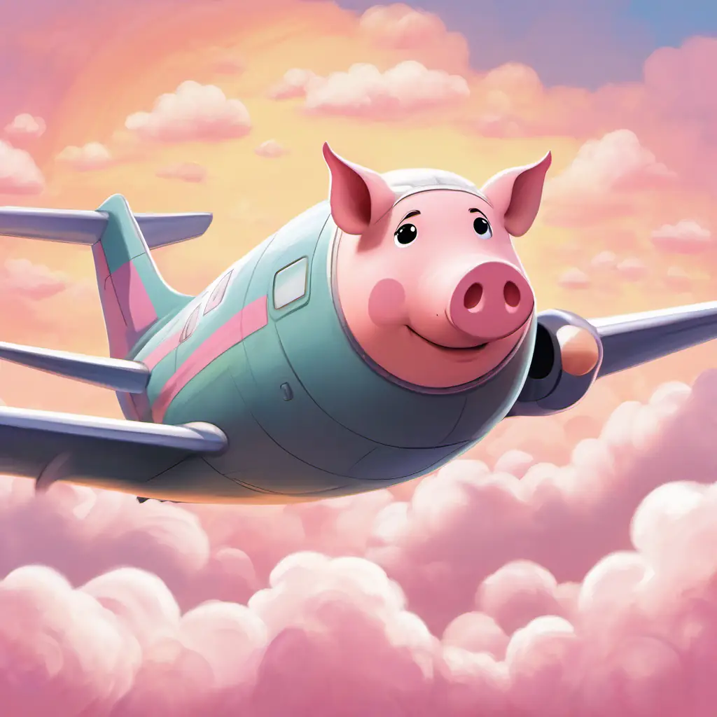 A plump pig with a round belly, pink skin, and small black eyes is sitting inside the airplane, flying back home with a big smile on his face. The sky outside is filled with fluffy white clouds.