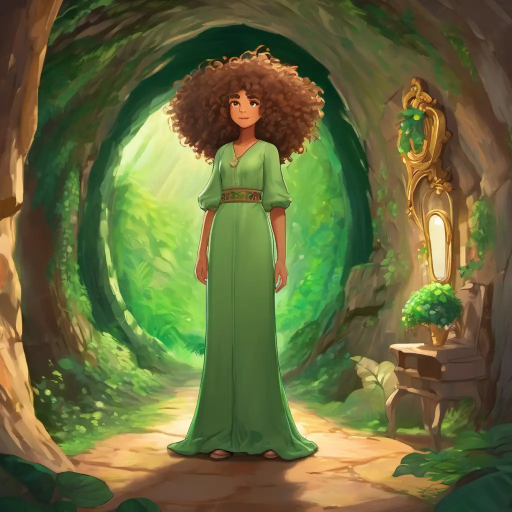 A giantess with wild curly hair and sparkling green eyes, 10 words max, a giantess with wild curly hair and sparkling green eyes, stands in front of a full-length mirror in her cave.