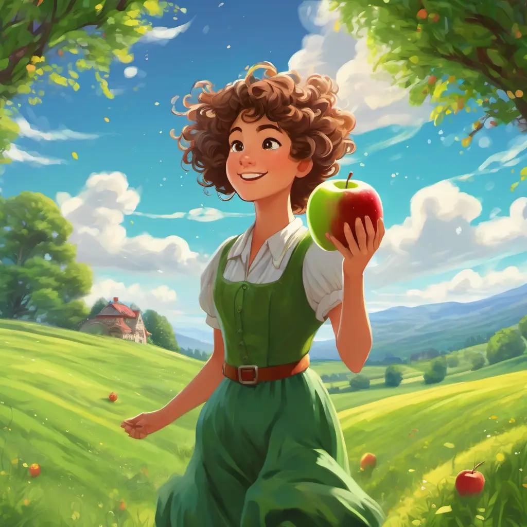 A giantess with wild curly hair and sparkling green eyes, 10 words max, carrying an apple in one hand and doing a silly dance, with a picturesque meadow in the background.