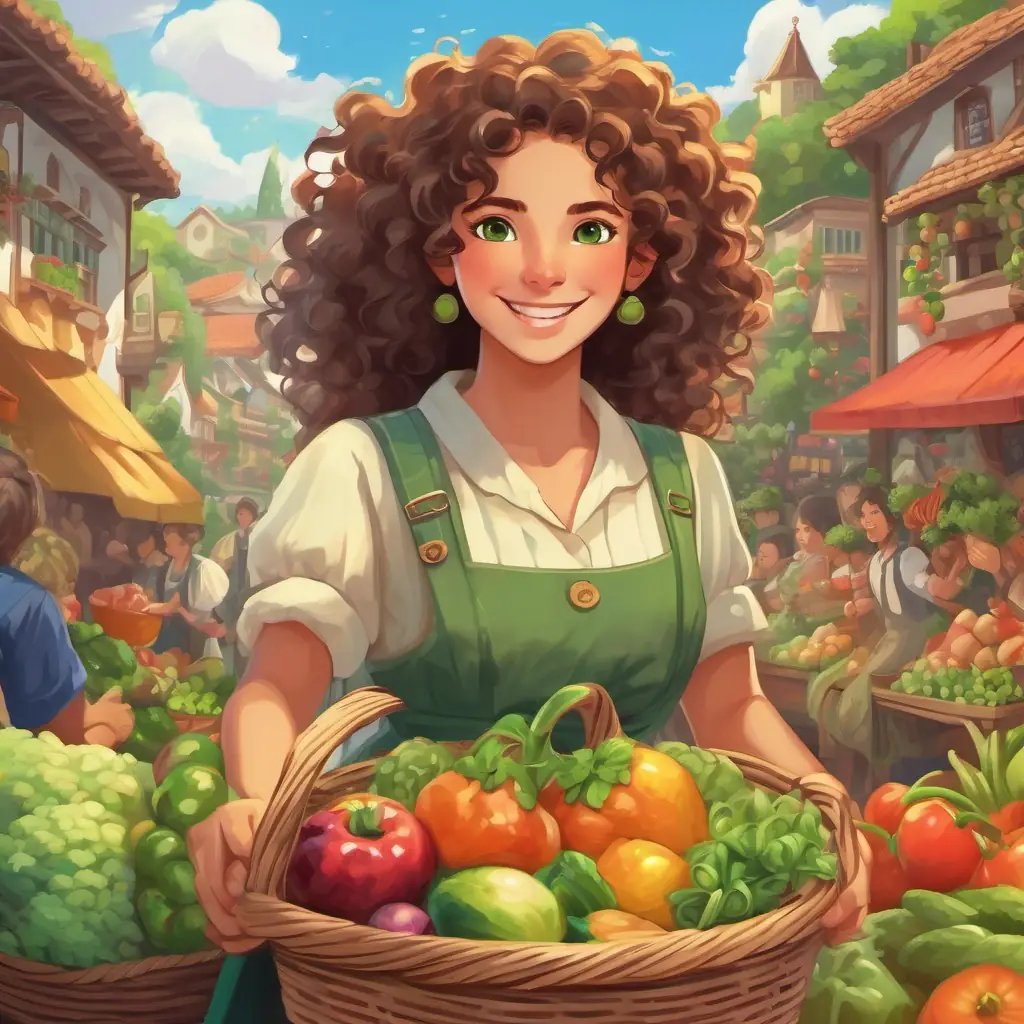 A giantess with wild curly hair and sparkling green eyes, 10 words max, surrounded by smiling villagers, handing out baskets of fruits and vegetables.