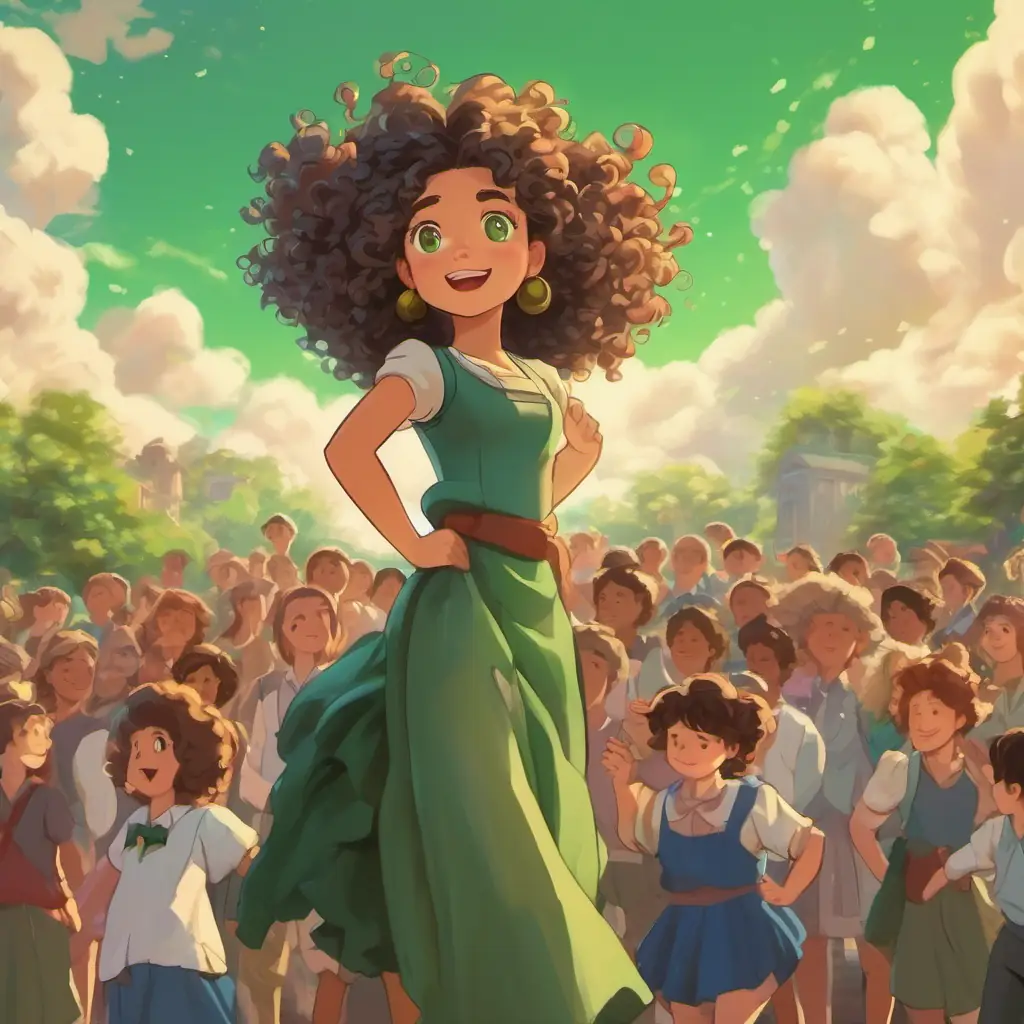 A giantess with wild curly hair and sparkling green eyes, 10 words max, standing tall and proud with a group of people, demonstrating various exercises.