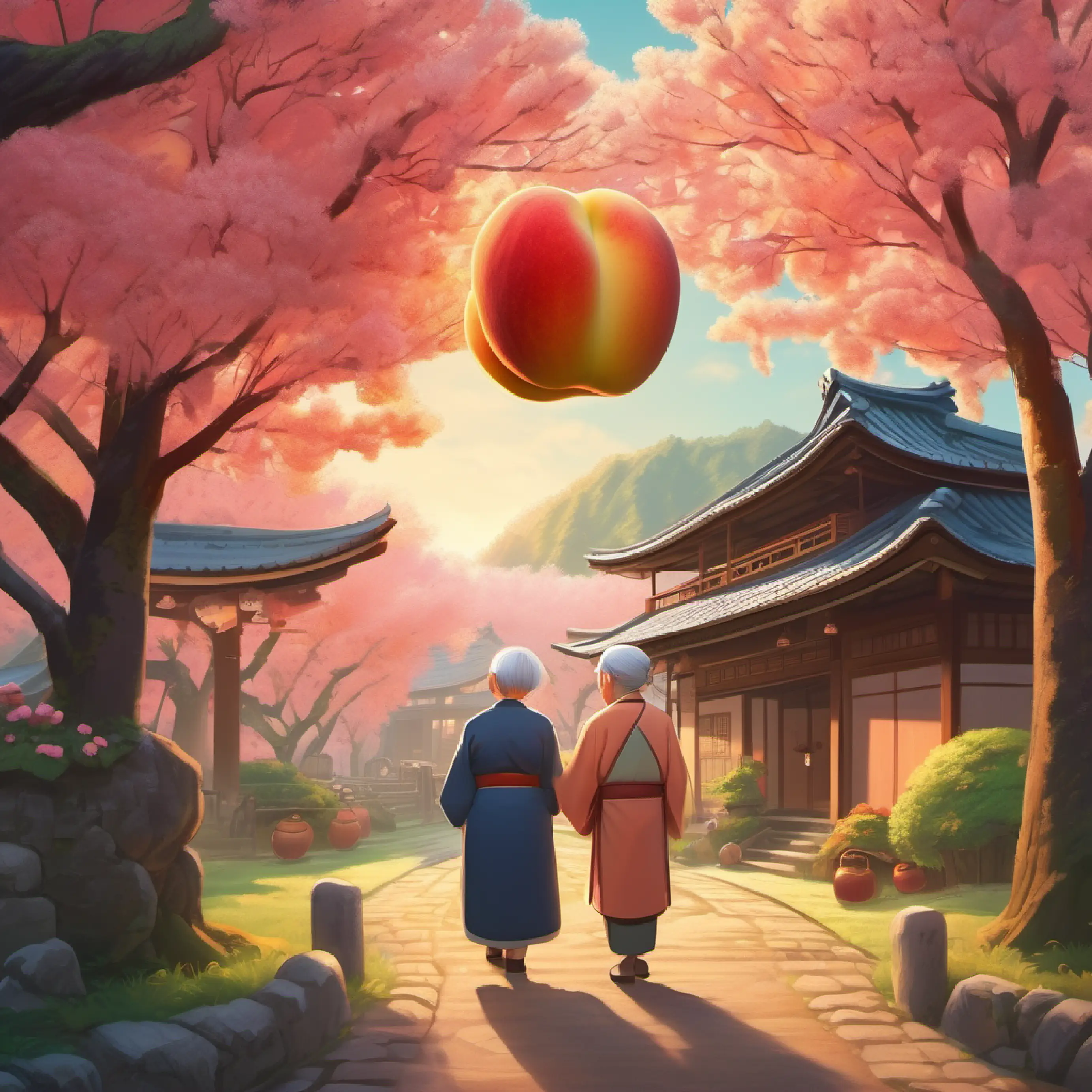 Old couple discovers a huge peach, setting is an old Japanese village