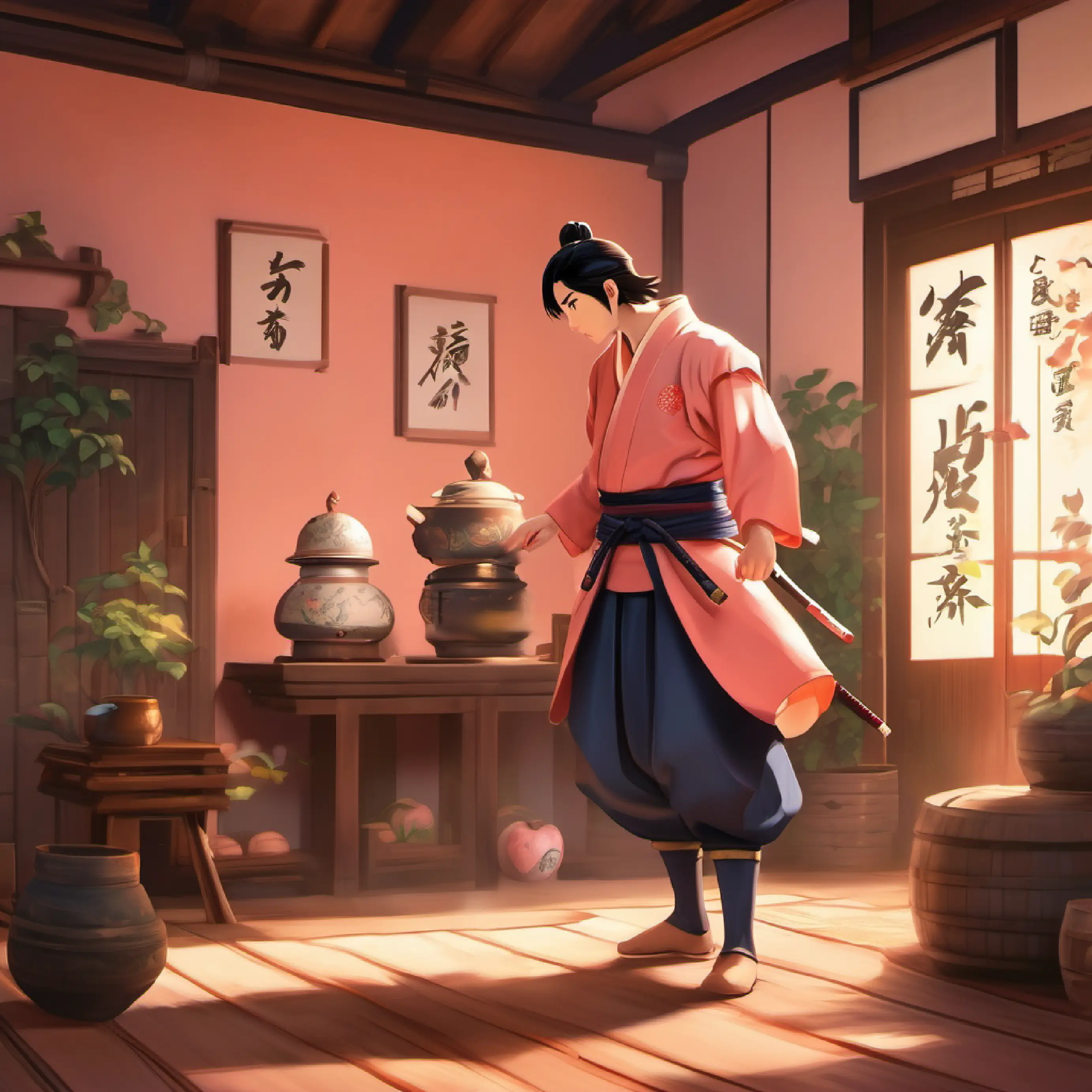 Peach opens revealing Boy with peachy skin, dark eyes, wears a samurai outfit, takes place in the couple's home