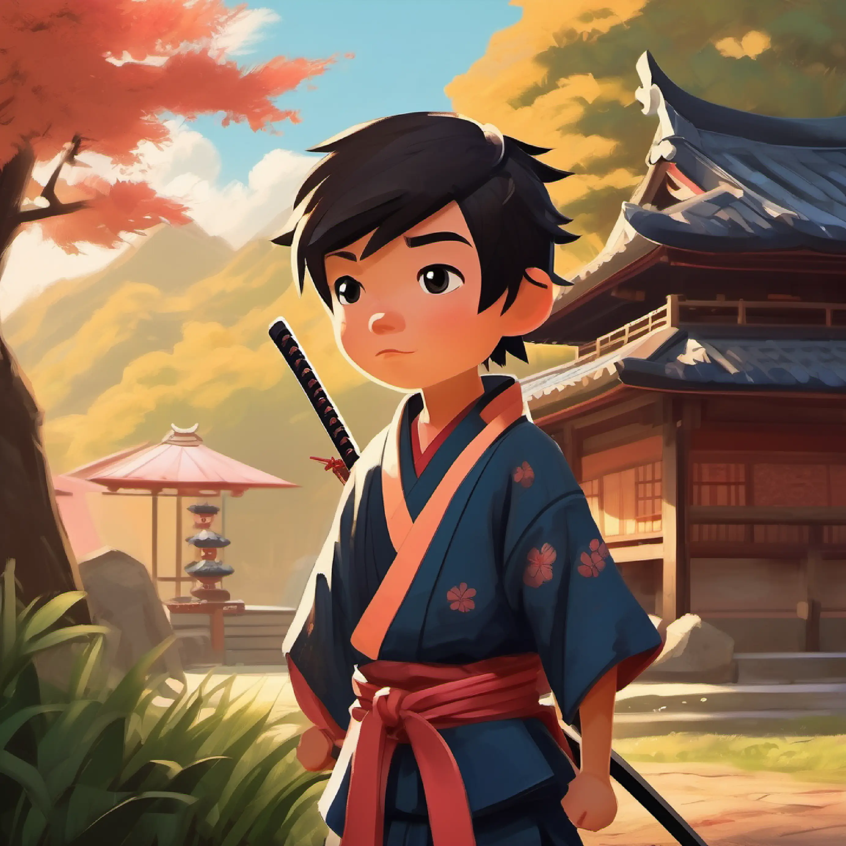 Boy with peachy skin, dark eyes, wears a samurai outfit prepares for an adventure, home setting