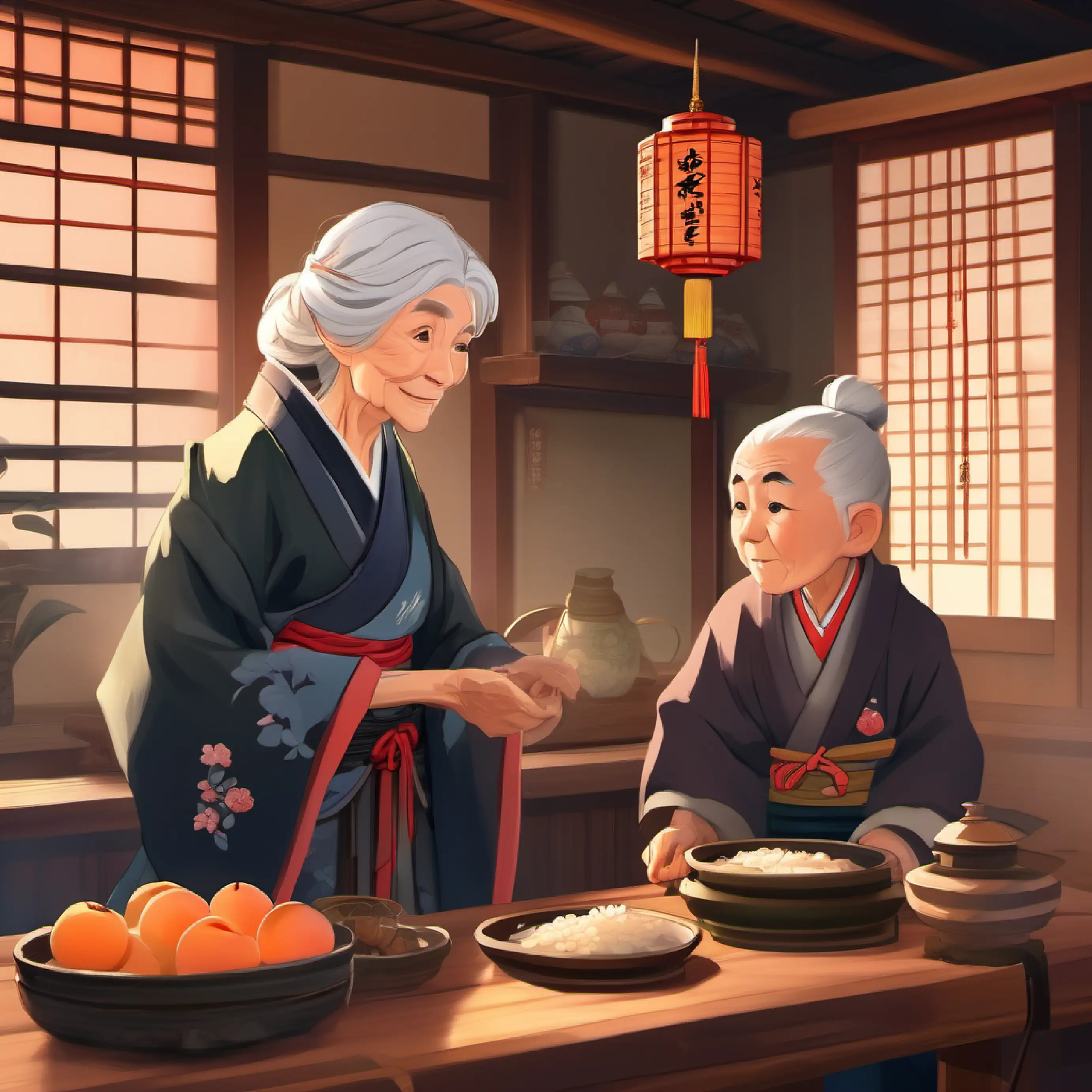 Old woman giving Boy with peachy skin, dark eyes, wears a samurai outfit dumplings, home setting