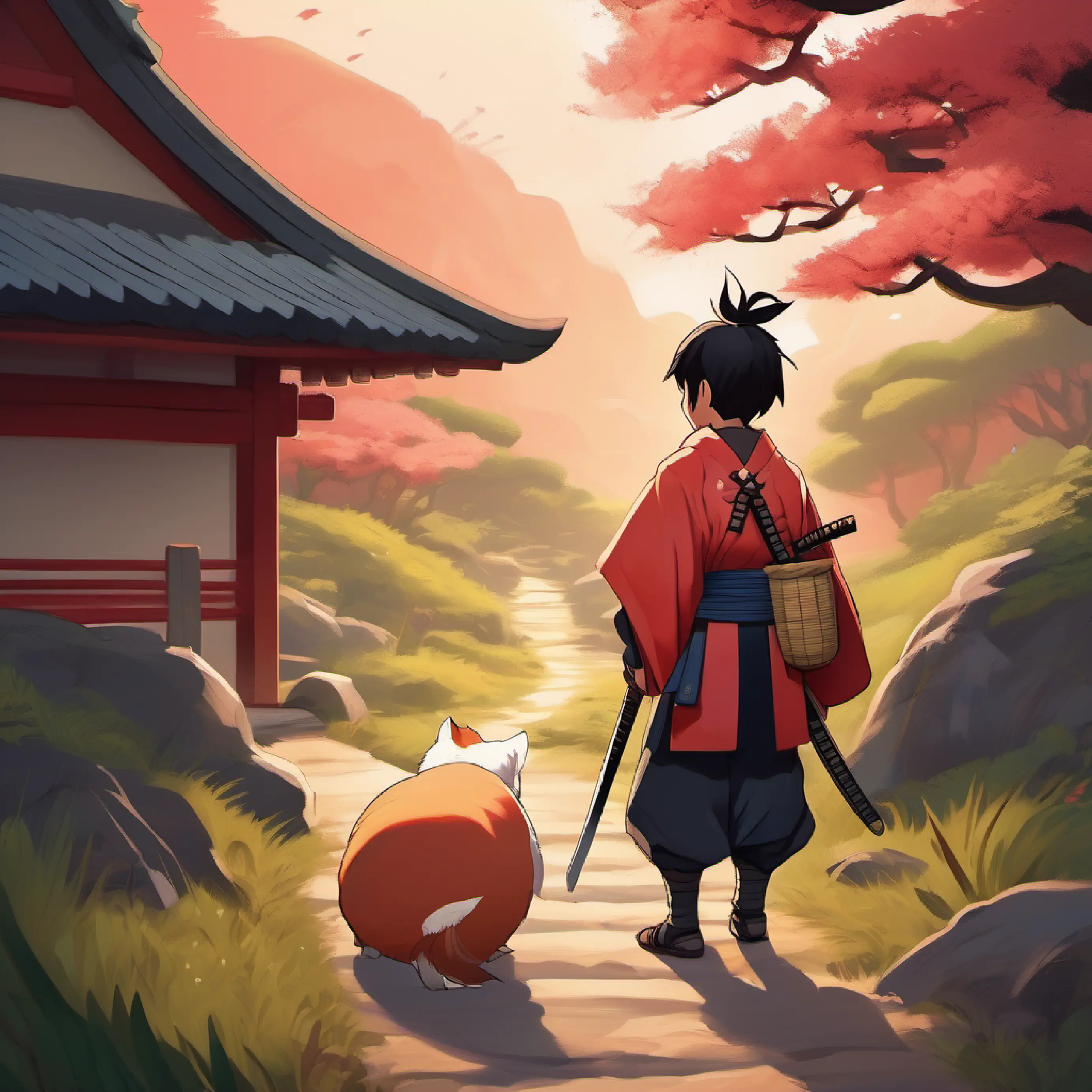 Boy with peachy skin, dark eyes, wears a samurai outfit meets and befriends animals, on the path to the island