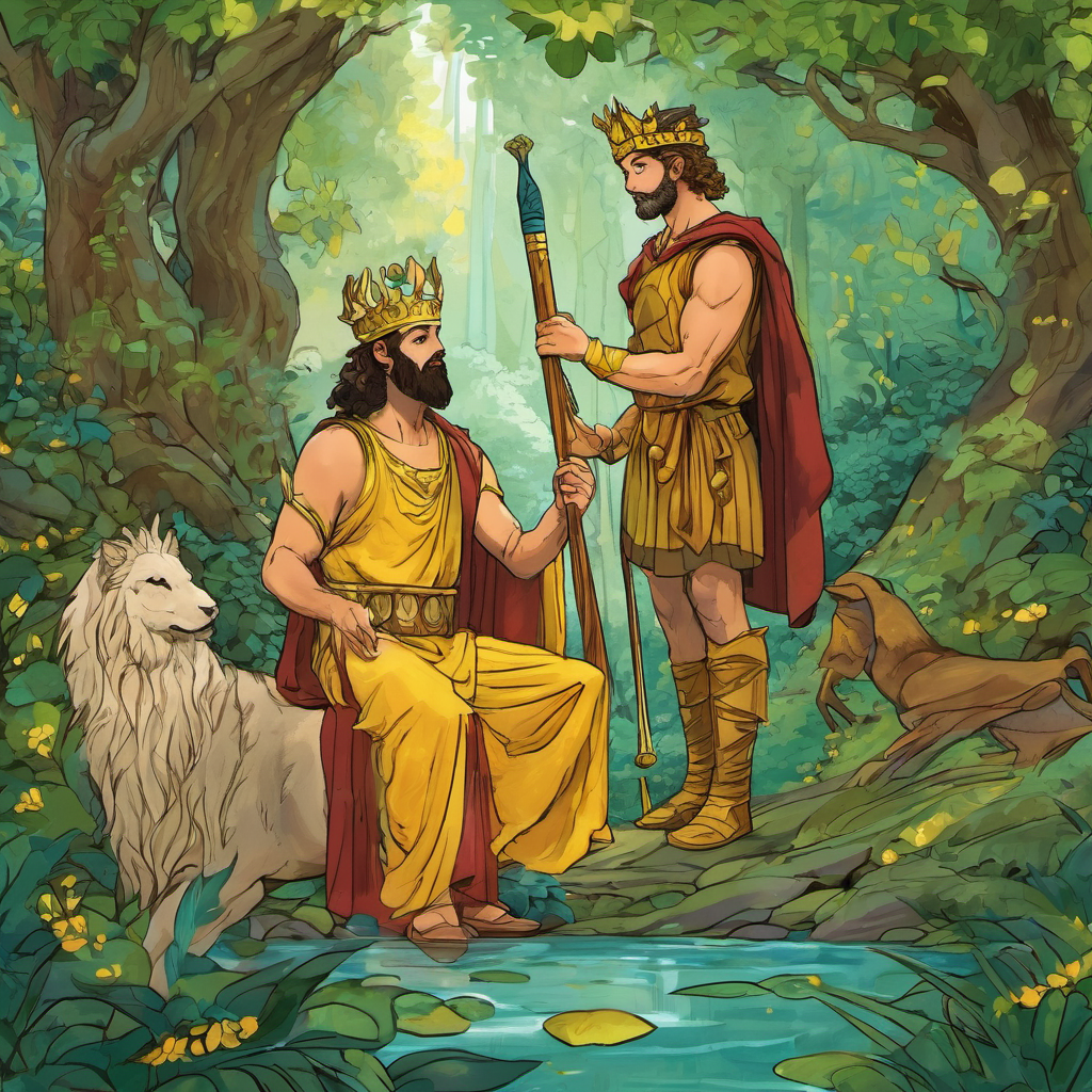 Without a second thought, King Midas promised Silvanus he would help him retrieve his beloved flute. Together, they ventured deep into the forest. With Midas' wisdom and Silvanus' knowledge of the woods, they managed to find the Centaur's hiding spot. Midas, with bravery in his heart, confronted the Centaur and retrieved the stolen flute, returning it to Silvanus. The Satyr was overjoyed and forever grateful for the king's kindness and honesty. As a token of gratitude, Silvanus decided to seek the favor of Dionysus, the god of wine, on King Midas' behalf. Silvanus approached Dionysus and spoke passionately about the king's selflessness and the good deeds he had done. Dionysus, impressed by Midas' honorable actions, decided to grant him a wish.