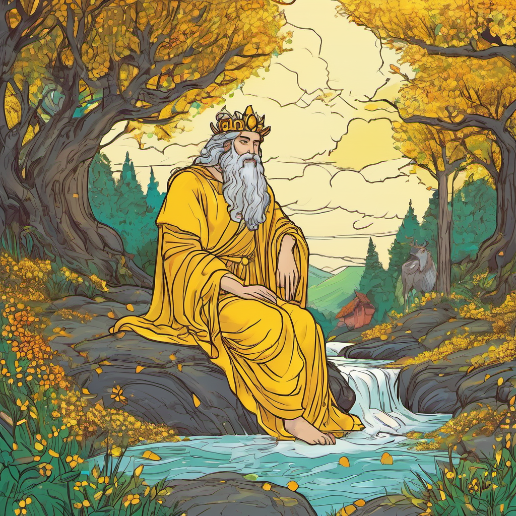 Filled with regret, Midas fell to his knees, weeping for his foolishness and longing to undo the damage. Only then did Dionysus appear, granting the king a second chance. He informed Midas that true happiness could only be found in the honesty of one's actions and the love shared with dear ones, not in the pursuit of material wealth. Midas, now wise and humbled, pleaded with Dionysus for forgiveness and a way to reverse the golden touch. Dionysus, touched by Midas' sincerity, granted his wish. By immersing himself in the river that flowed through the forest, the golden touch was lifted, restoring everything back to normal.