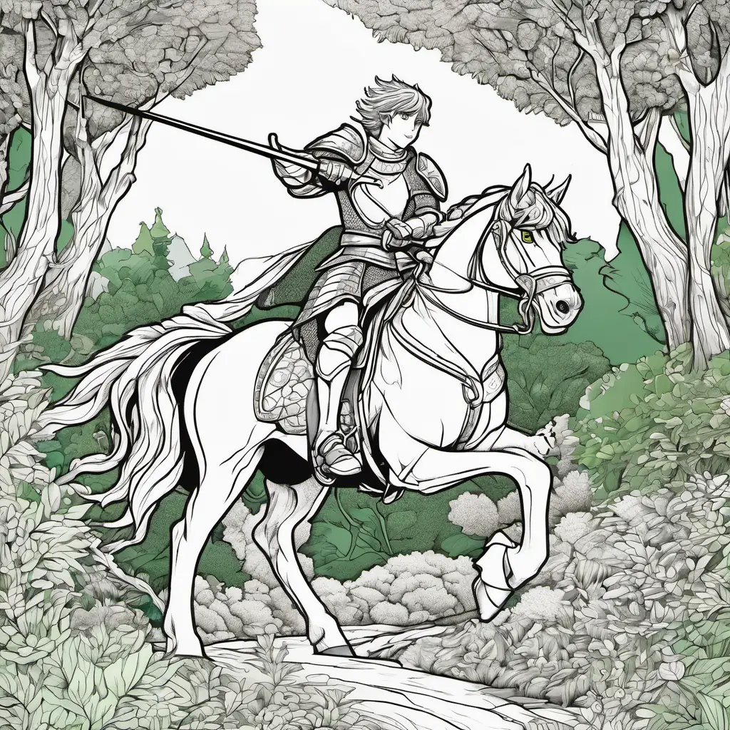 Illustration of brave knight Brave knight with shiny armor and a big sword on his horse riding through a forest. Green dragon with red eyes that turns into a friendly dragon with green scales and red eyes emerging from the forest.