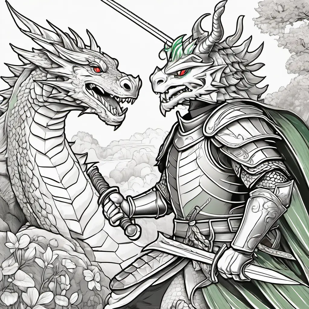 Illustration of brave knight Brave knight with shiny armor and a big sword swinging his sword at the dragon. Green dragon with red eyes that turns into a friendly dragon transforming into a friendly dragon with a big smile.