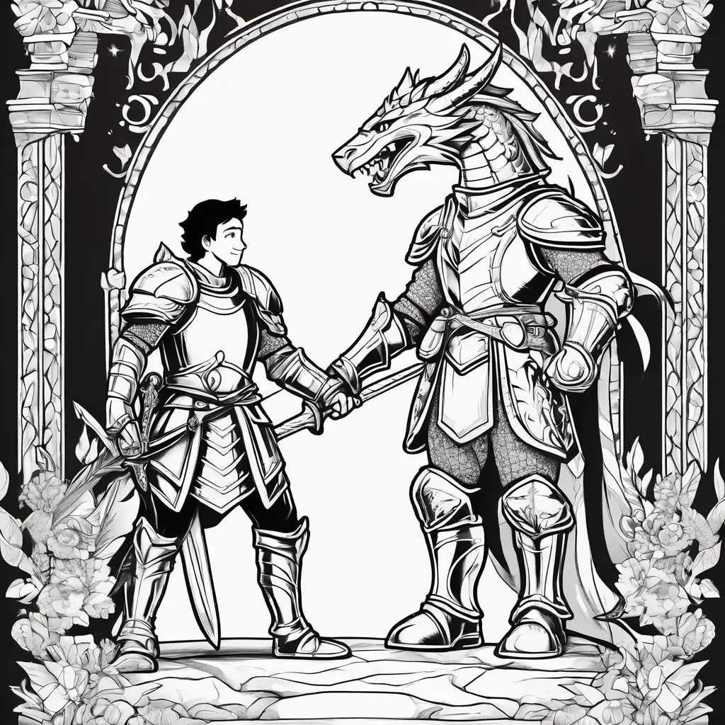 Illustration of brave knight Brave knight with shiny armor and a big sword and the friendly dragon shaking hands and smiling. They embark on an adventure together.