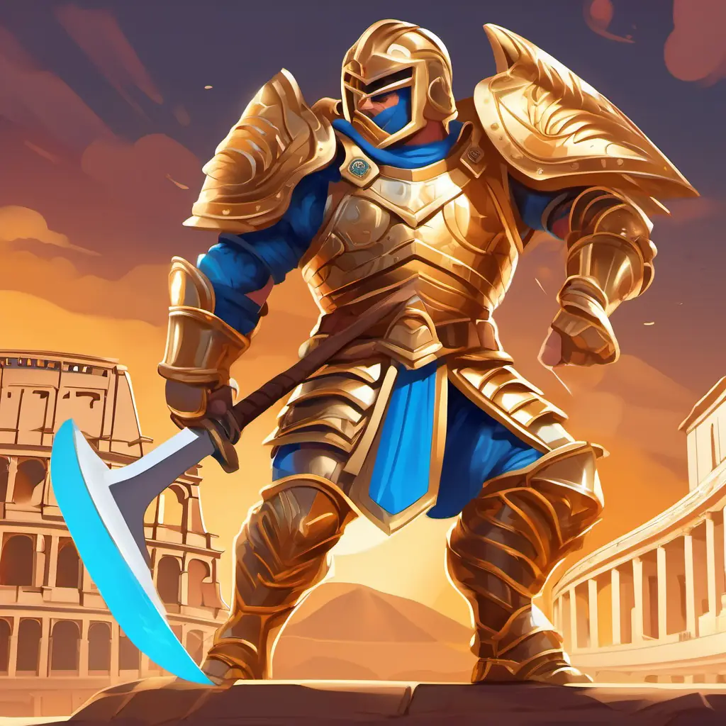 Introducing Brave gladiator with golden armor, bright blue eyes, and suntanned skin, a brave gladiator with golden armor. Setting: Colosseum, Character: Brave gladiator with golden armor, bright blue eyes, and suntanned skin