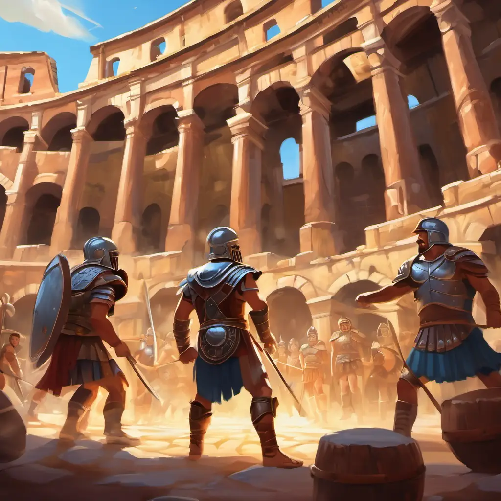 Description of the gladiatorial battle and the watching gods. Location: Colosseum, Characters: Gladiators and Gods