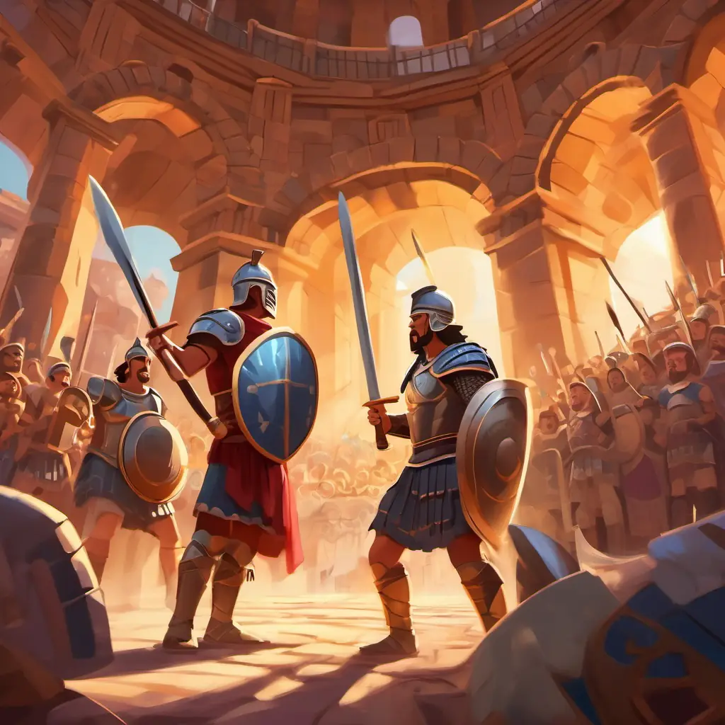 Gladiators being surprised by the magical swords and shields. Location: Colosseum, Characters: Gladiators