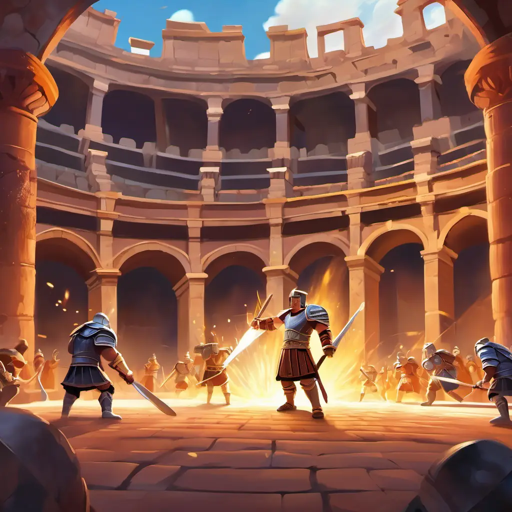 Description of the mesmerizing battle with magical weapons. Location: Colosseum, Characters: Gladiators